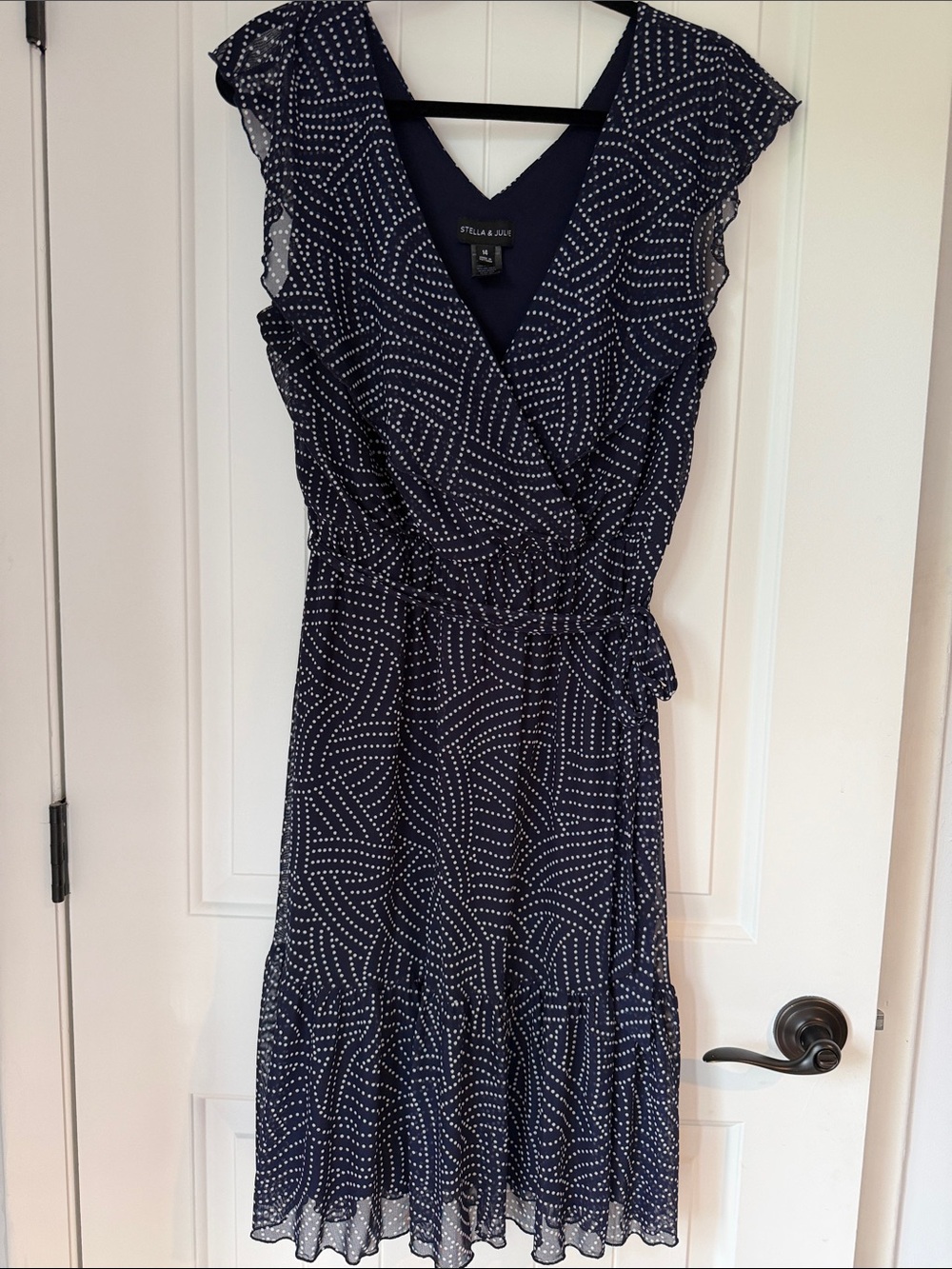Stella & Julie Navy Midi Faux Wrap Dress with White Dot Pattern Size 14